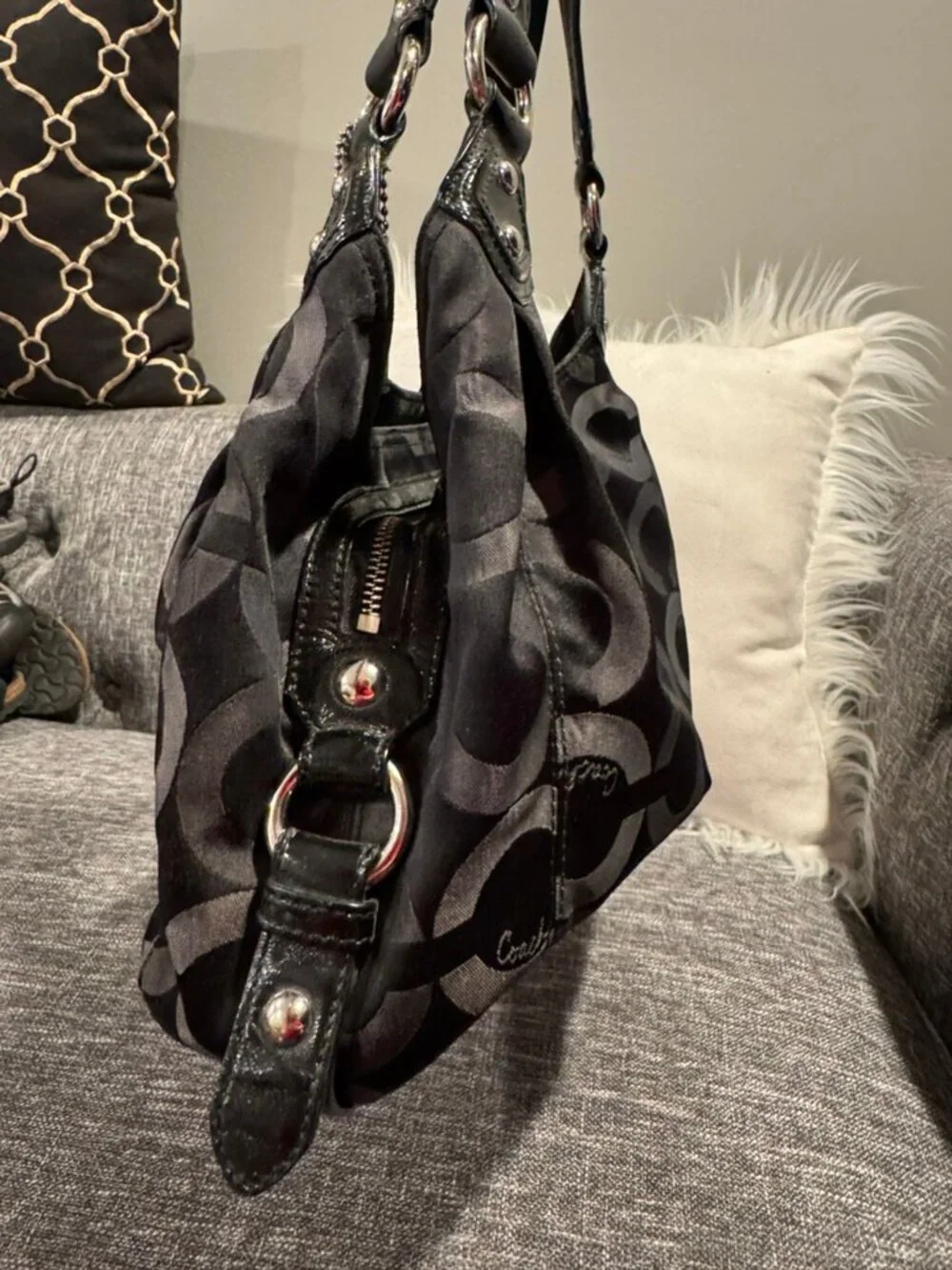 Coach Op Art Multi-Compartment Shoulder Bag – Black Gray Jacquard – Style 15573